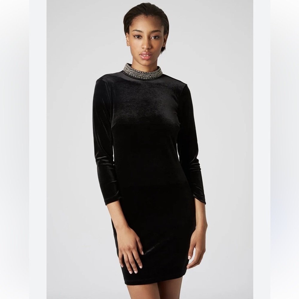 EUC Topshop Velvet Long Sleeve Mini Dress in Black size 10